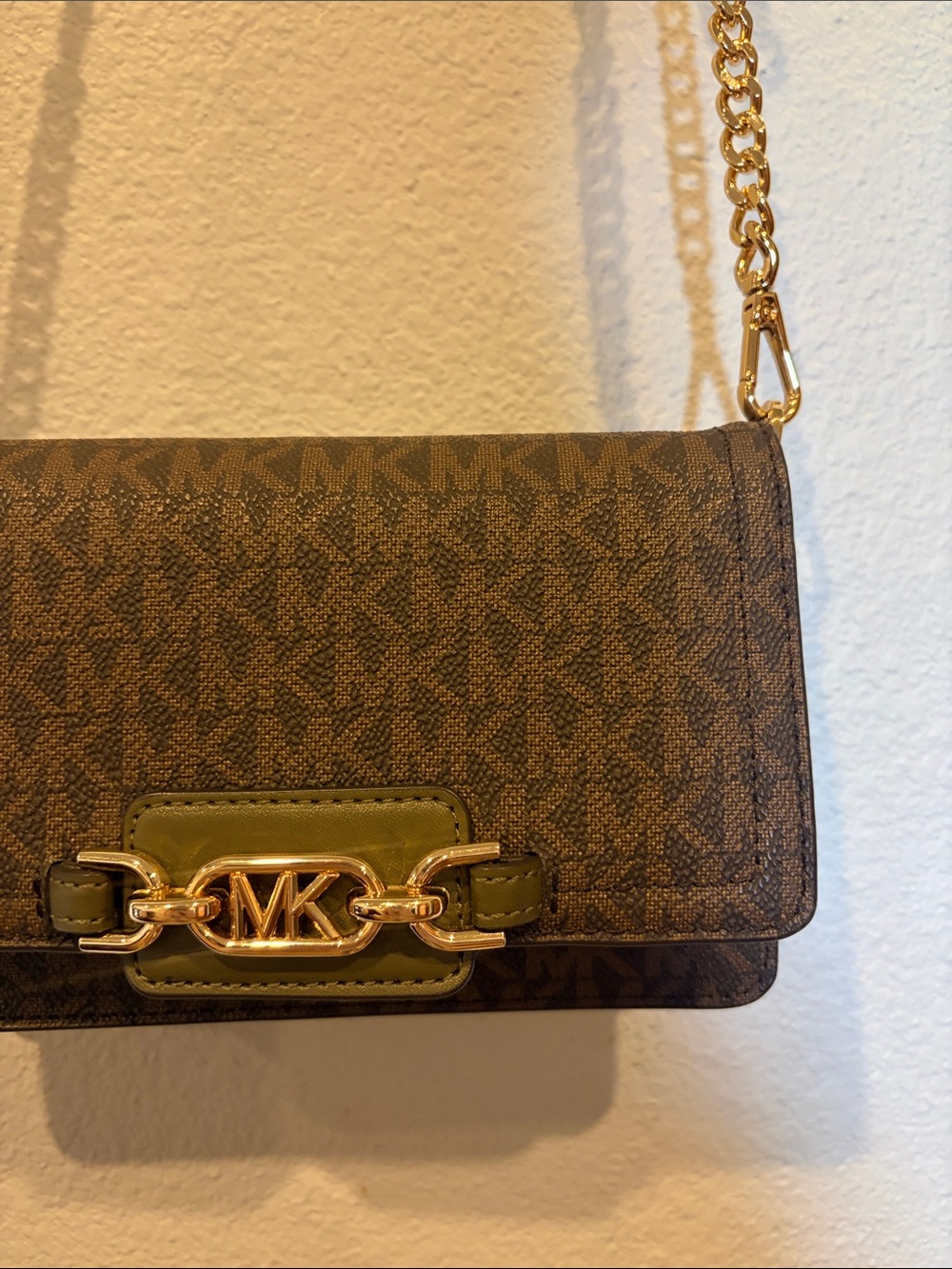 Michael Kors Brown Monogram Crossbody Bag with Olive Accent and Gold Hardware